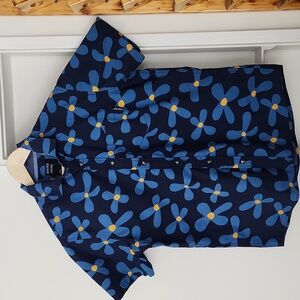 Reverse Threads Navy Blossom Shirt Floral Cotton Short Sleeve Button Down L